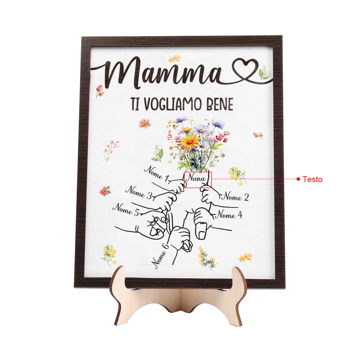 6 Nomi e Testo - Targa in Legno Personalizzata con Mano nella Mano per la Mamma - Regalo Festa della Mamma