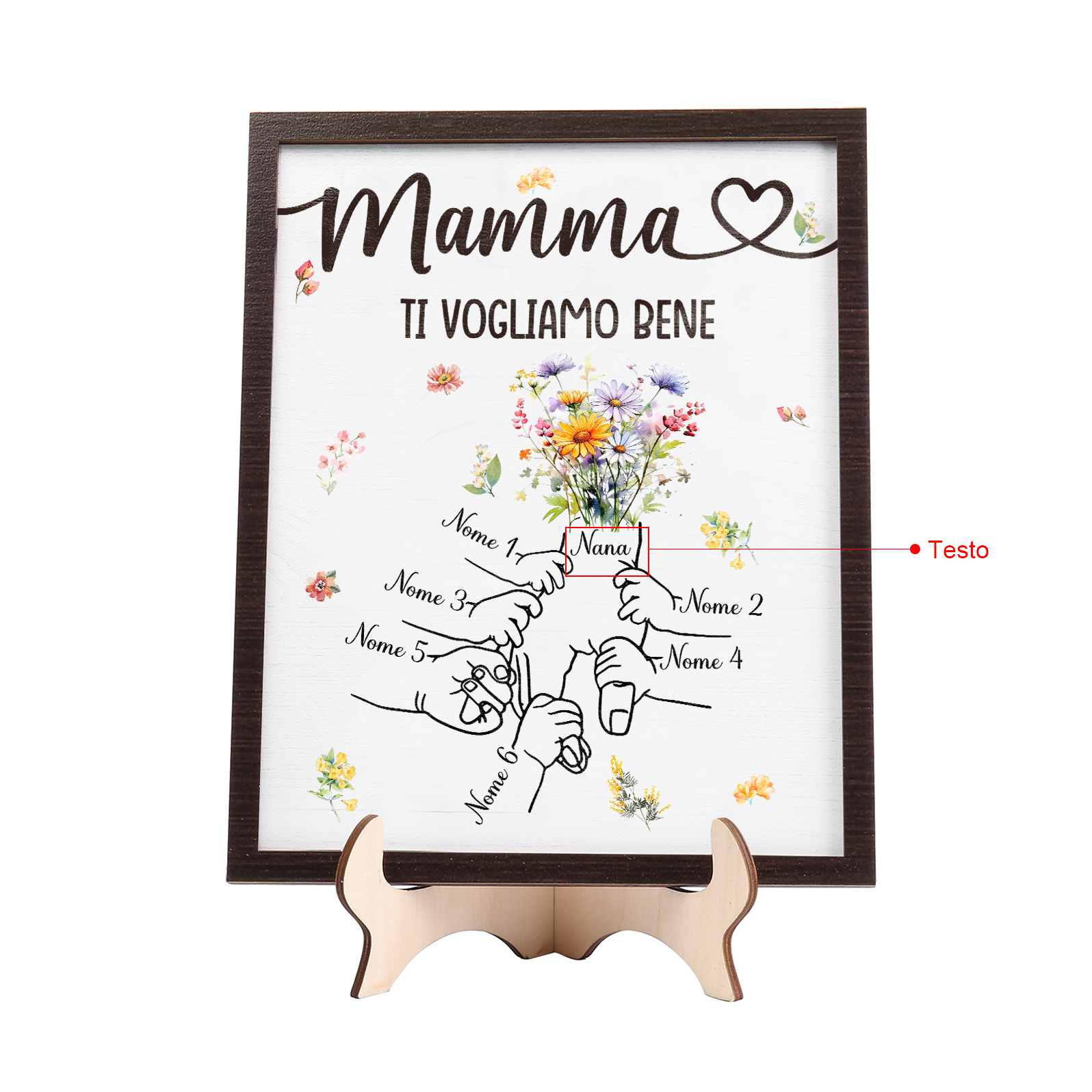6 Nomi e Testo - Targa in Legno Personalizzata con Mano nella Mano per la Mamma - Regalo Festa della Mamma