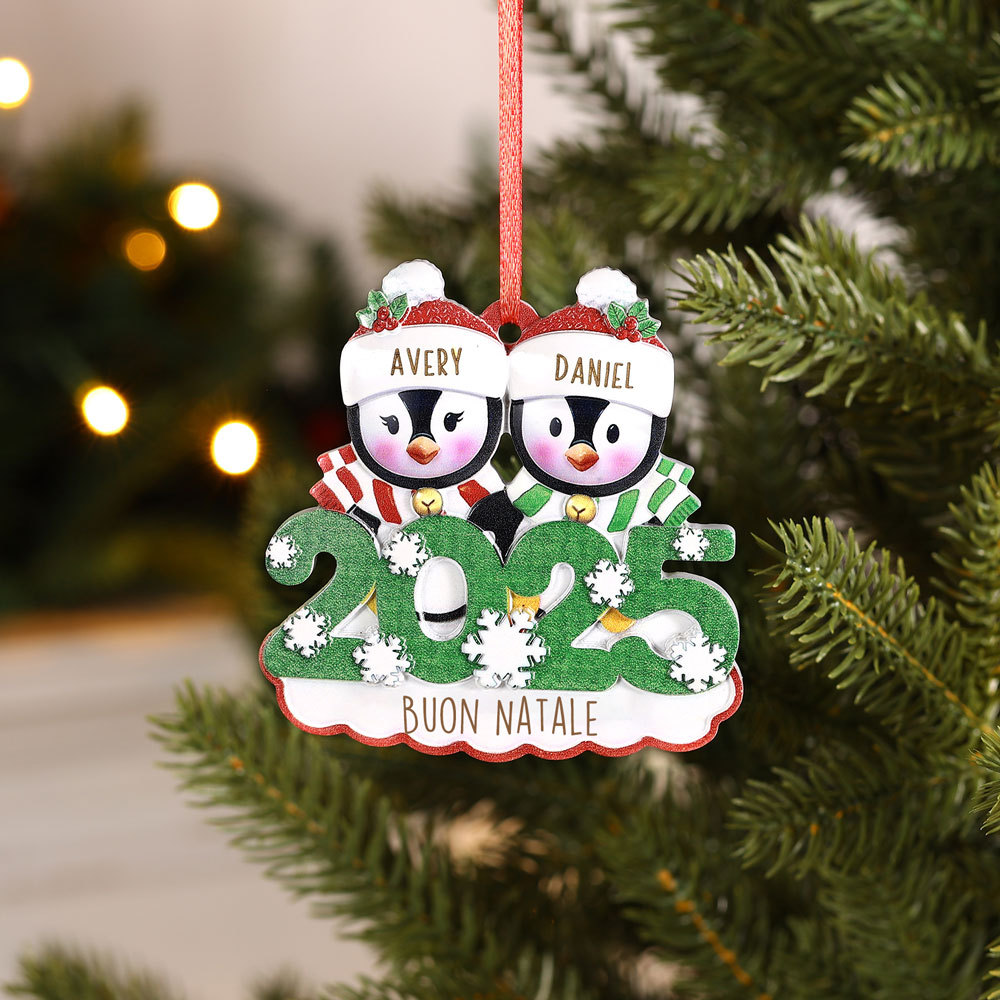 Ornamento natalizio 2025 con pinguino personalizzato con nomi, regalo ricordo per l'albero di Natale per coppie, amici e famiglia | Jessemade