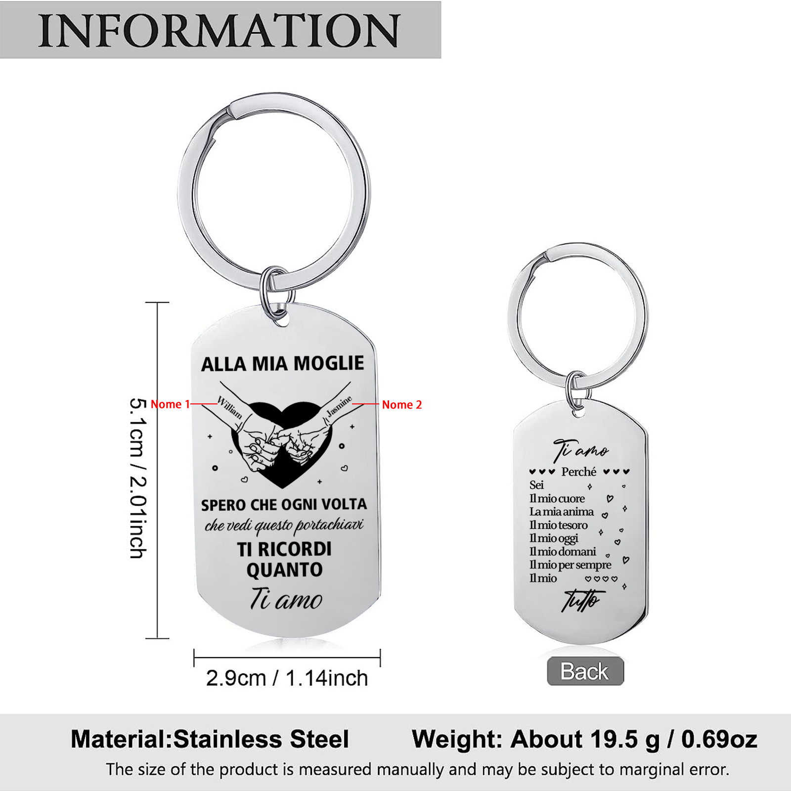 Portachiavi mano nella mano personalizzato con nomi per donna moglie