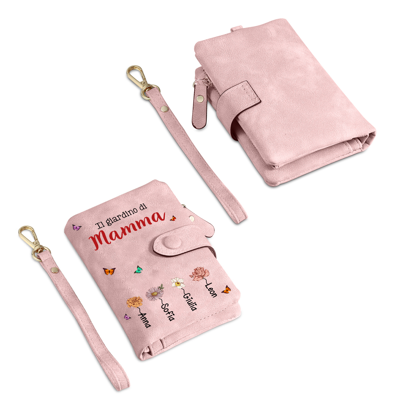 Portafoglio personalizzato “Il giardino di mamma/nonna” con fiori e nomi dei bambini – regalo per la Festa della Mamma/della Nonna