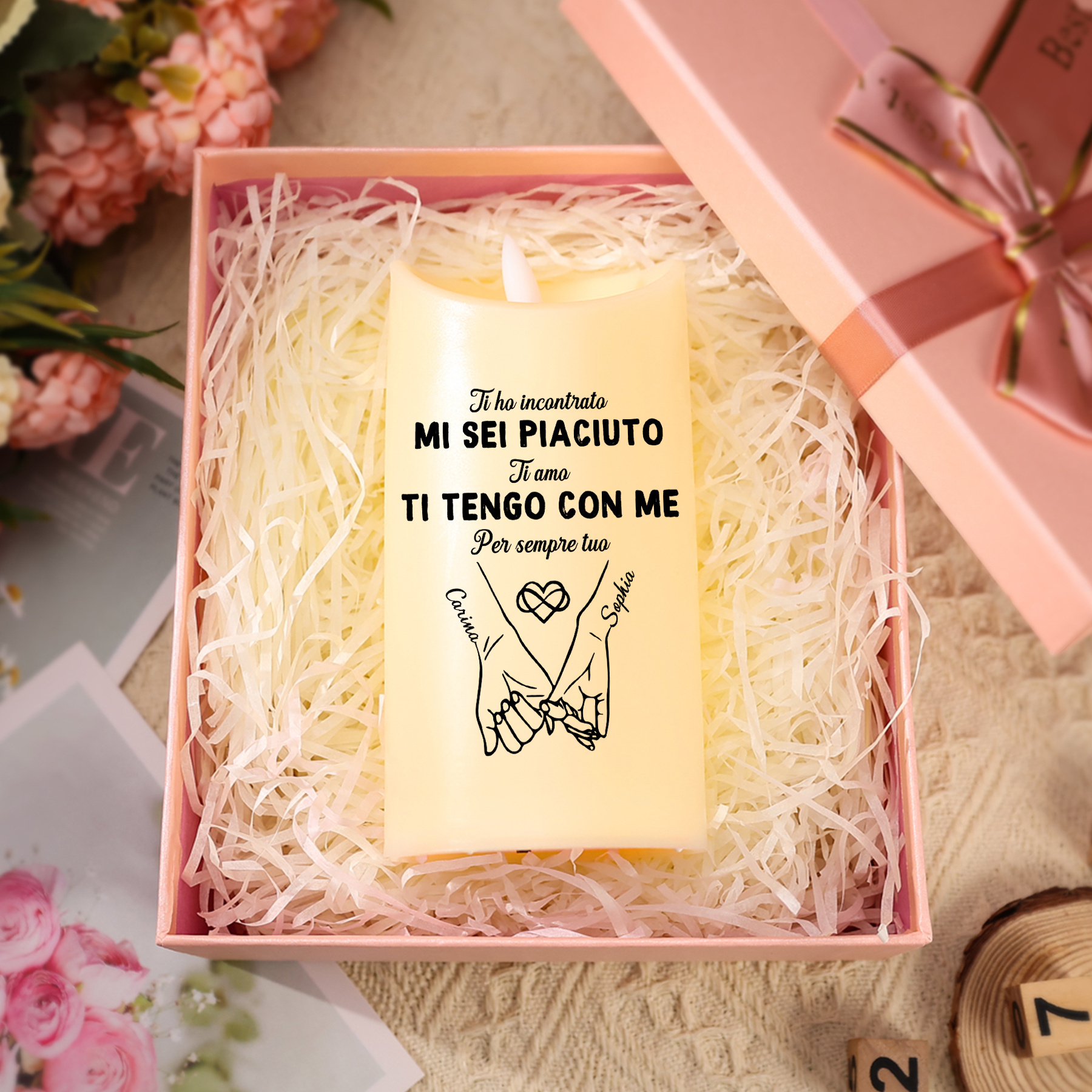 Candela a LED personalizzata per coppia con 2 nomi