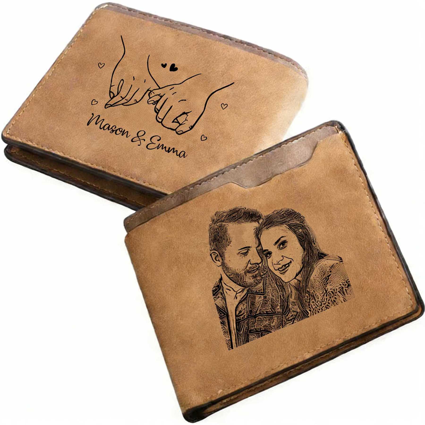 Portafoglio da uomo in pelle personalizzato con foto, due nomi e motivo del mignolo intrecciato – romantico portafoglio bifold come regalo quotidiano per marito o fidanzato di Jessemade