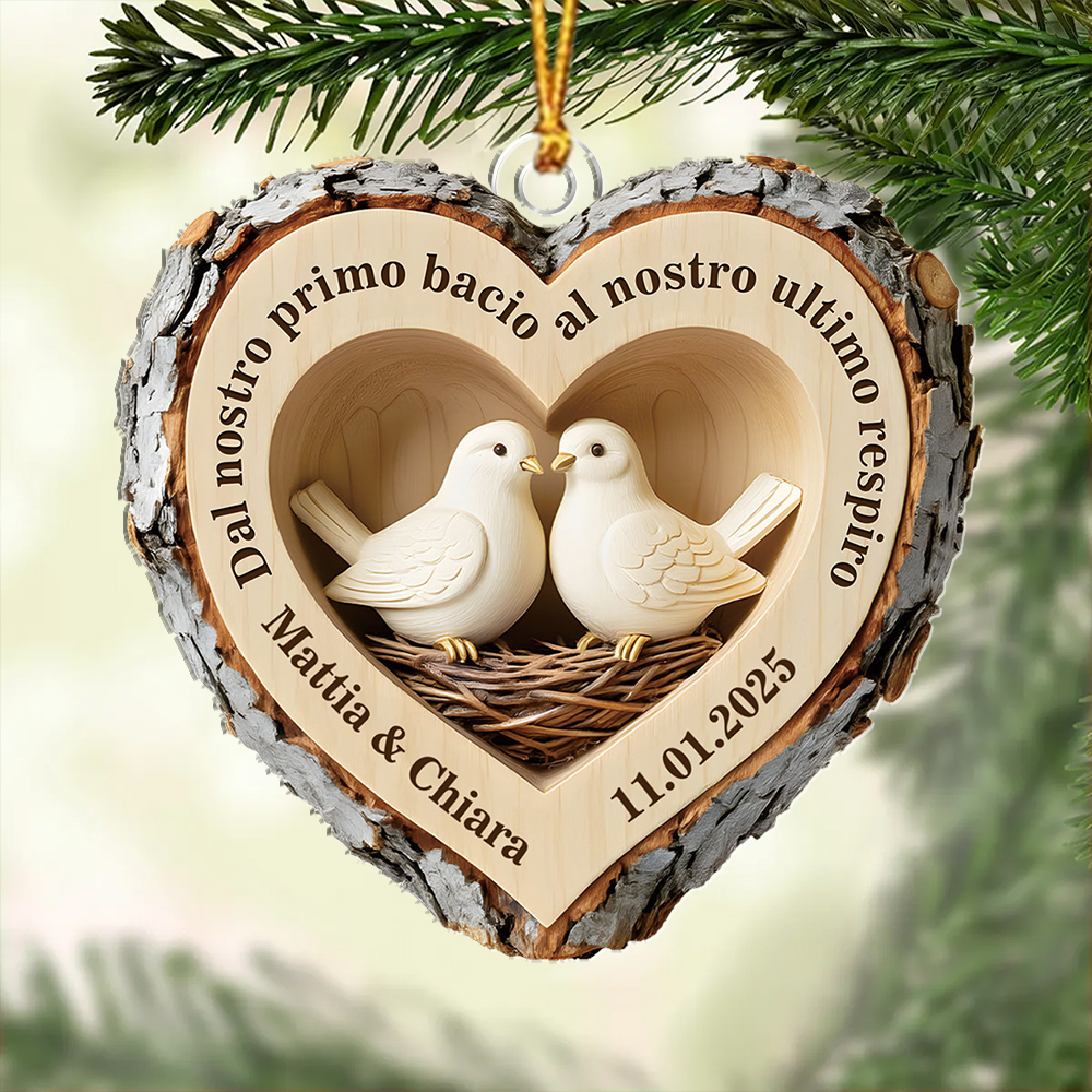 Addobbo natalizio a cuore personalizzato con uccellini innamorati per coppie