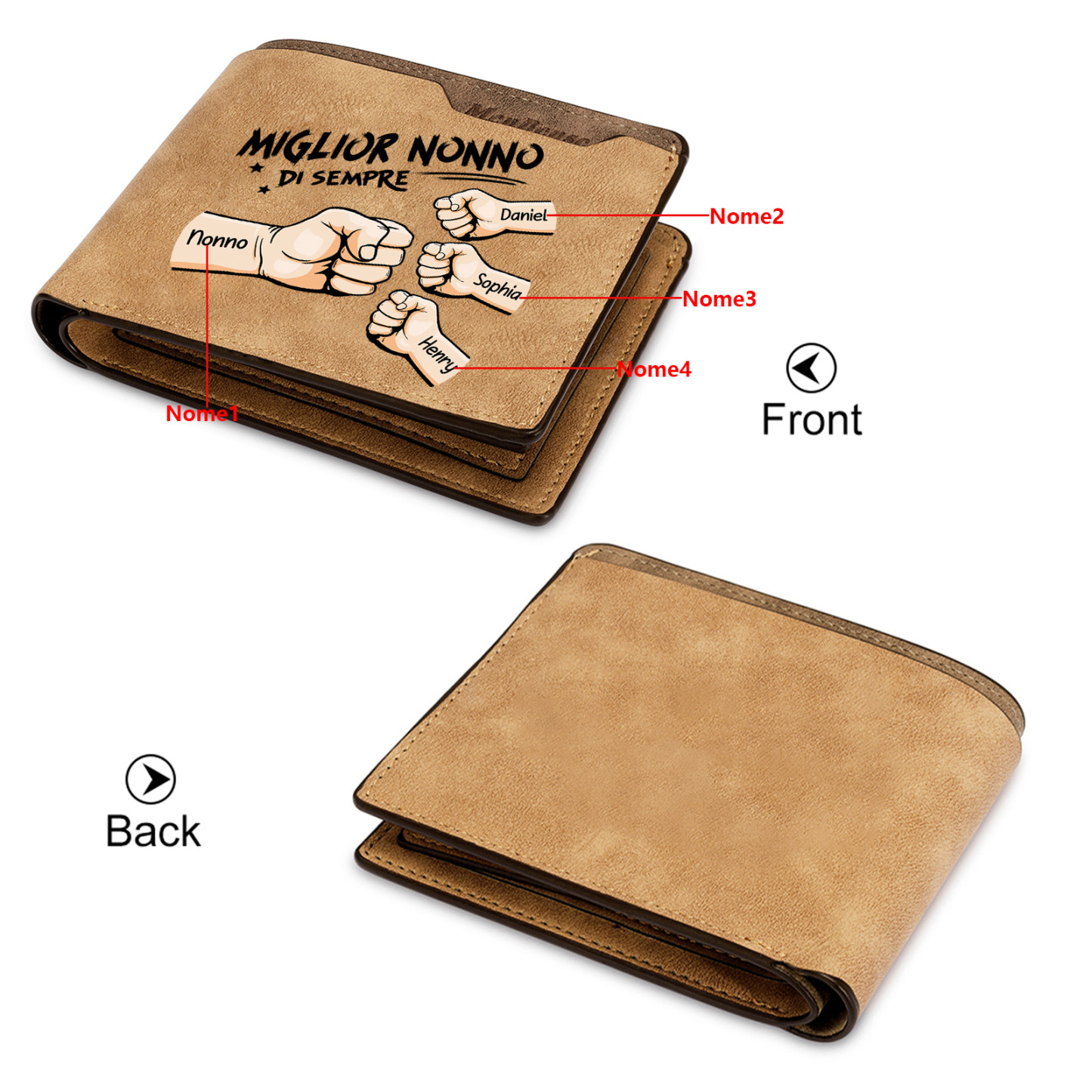 Portafoglio in pelle personalizzato con 2-7 nomi dei bambini e disegni di pugni | Portafoglio "Miglior Nonno di Sempre" | Regali per la Festa dei Nonni per il nonno | Jessemade