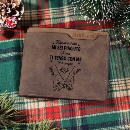 Portafoglio in pelle personalizzato inciso con nome e data, regalo romantico di compleanno per lui, fidanzato o marito, ricordo pratico | Jessemade