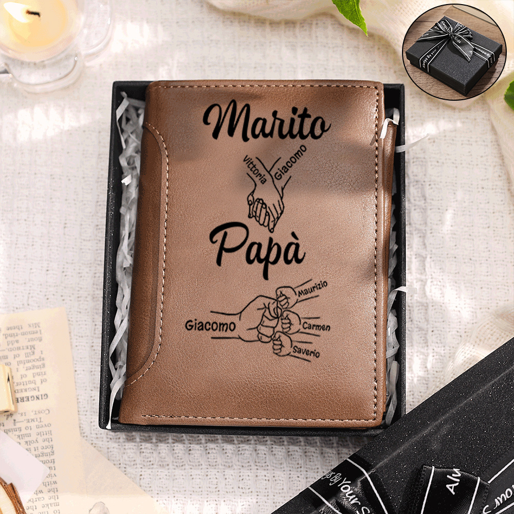 Portafoglio classico da uomo in pelle personalizzato, da 1 a 8 nomi dei figli con pugno, regalo per la Festa del Papà