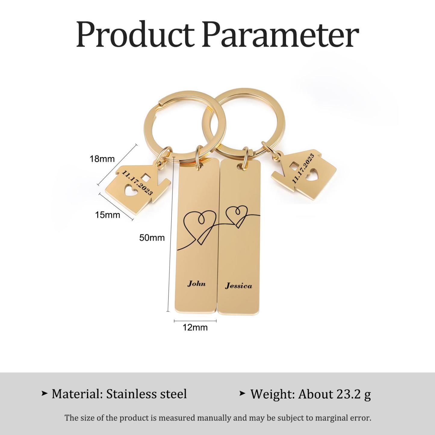 Portachiavi con carino casa per coppia  2 nomi e 2 date personalizzabile