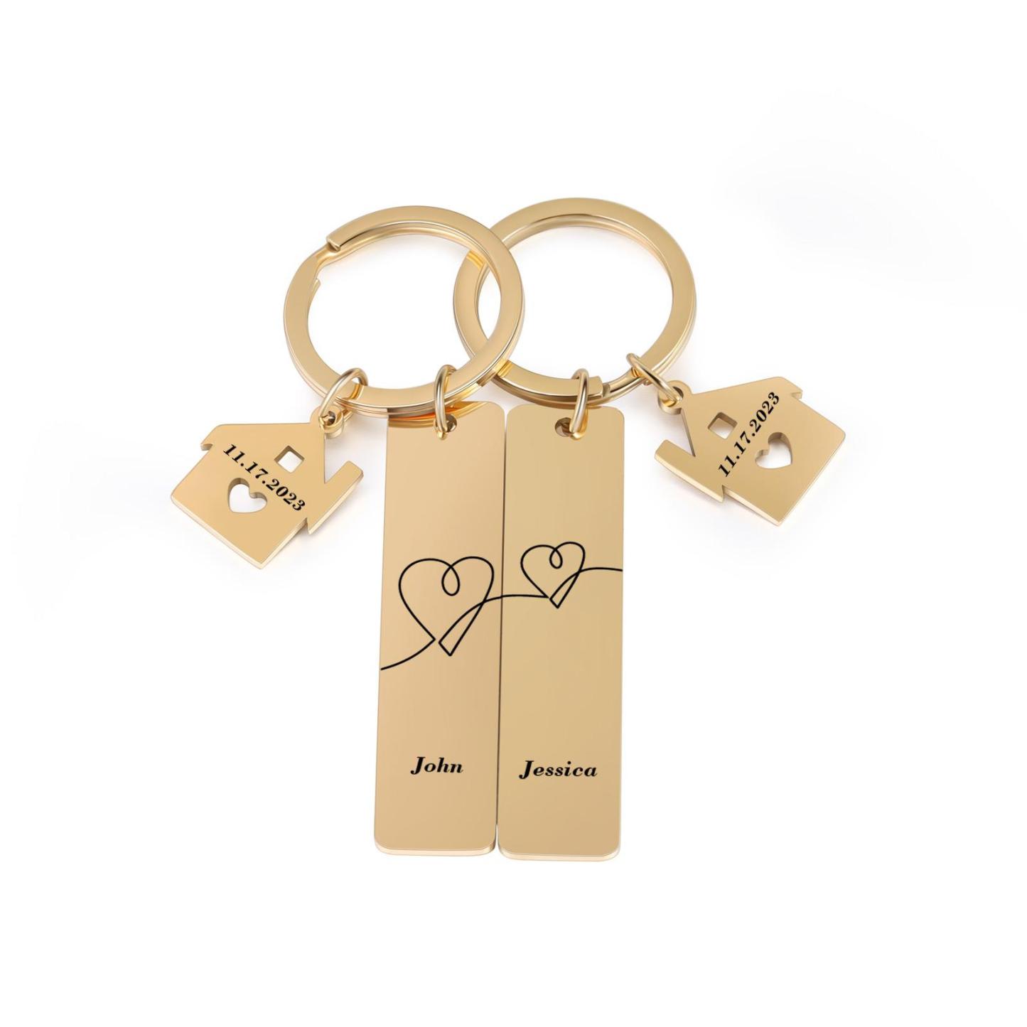 Portachiavi con carino casa per coppia  2 nomi e 2 date personalizzabile
