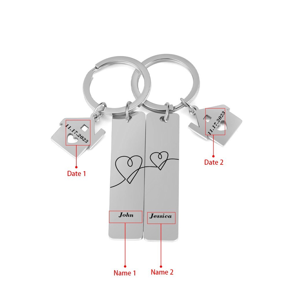 Portachiavi con carino casa per coppia  2 nomi e 2 date personalizzabile