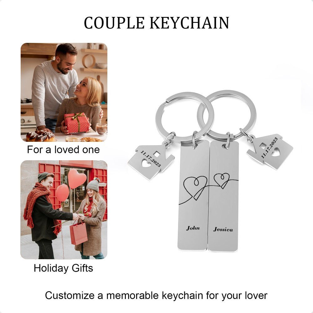 Portachiavi con carino casa per coppia  2 nomi e 2 date personalizzabile