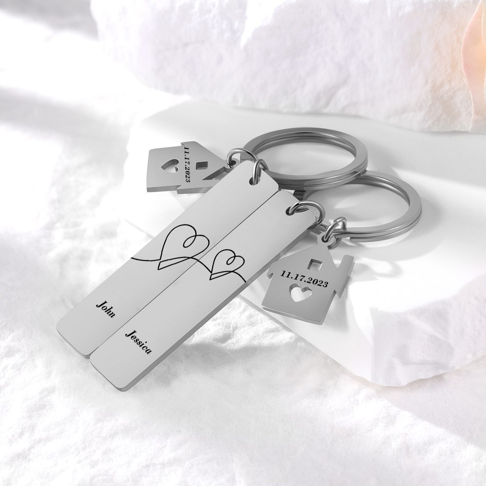 Portachiavi con carino casa per coppia  2 nomi e 2 date personalizzabile