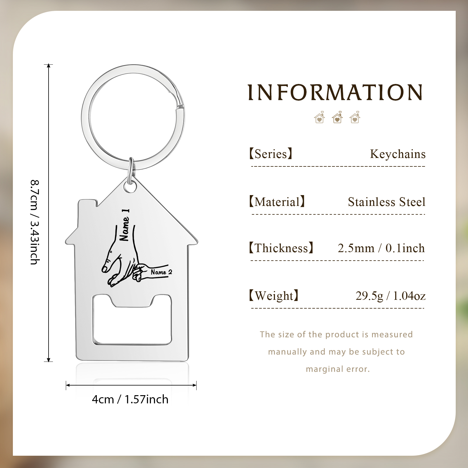 Portachiavi casa con mano nella mano 2 Nomi personalizzati regalo per famiglia