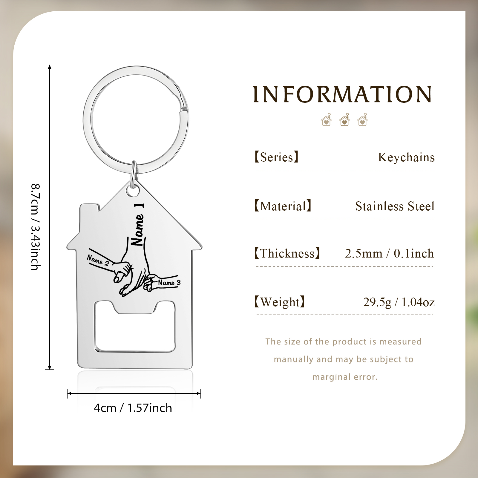 Portachiavi casa con mano nella mano 3 Nomi personalizzati regalo per famiglia