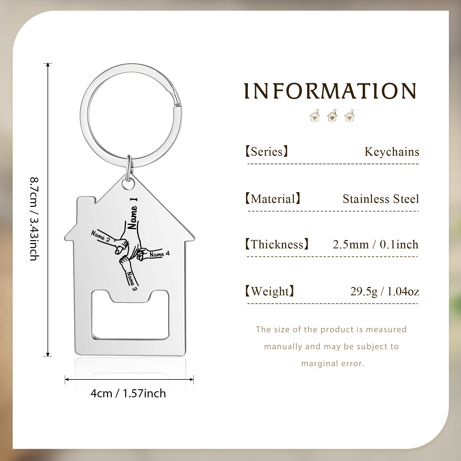 Portachiavi casa con mano nella mano 4 Nomi personalizzati regalo per famiglia