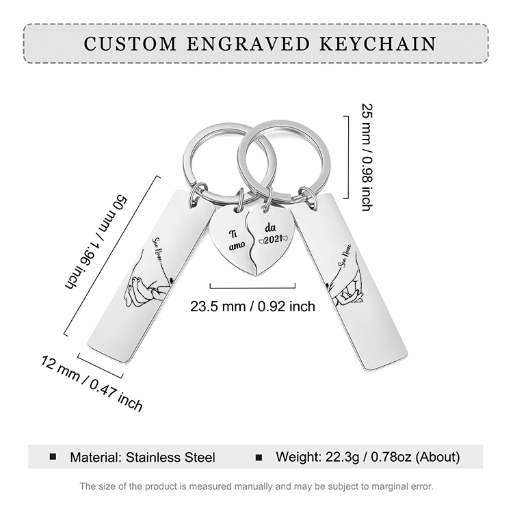 2PCS Portachiavi personalizzato con 2 nomi e 1 anno mano nella mano