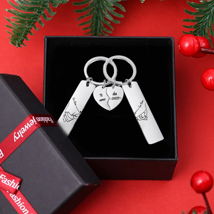 [Copy]2PCS Portachiavi personalizzato con 2 nomi e 1 numero mano nella mano