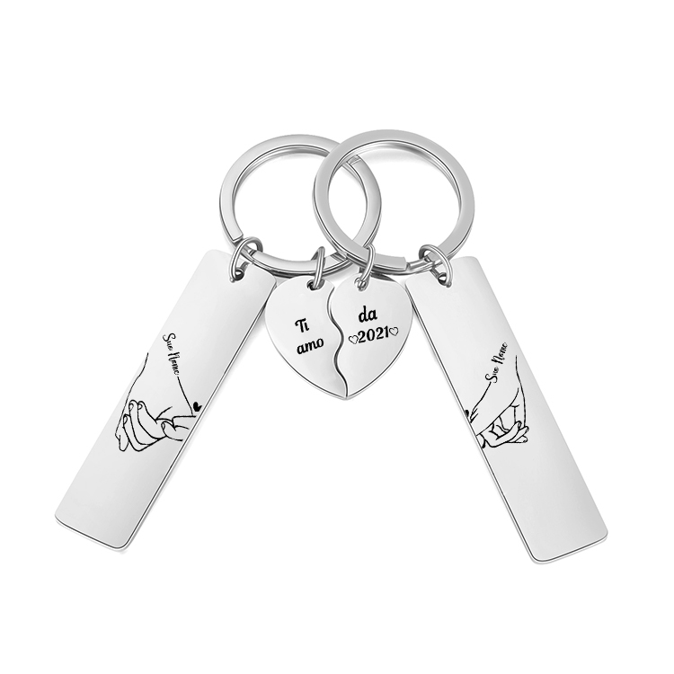2PCS Portachiavi personalizzato con 2 nomi e 1 anno mano nella mano