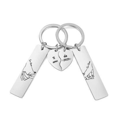 2PCS Portachiavi personalizzato con 2 nomi e 1 anno mano nella mano