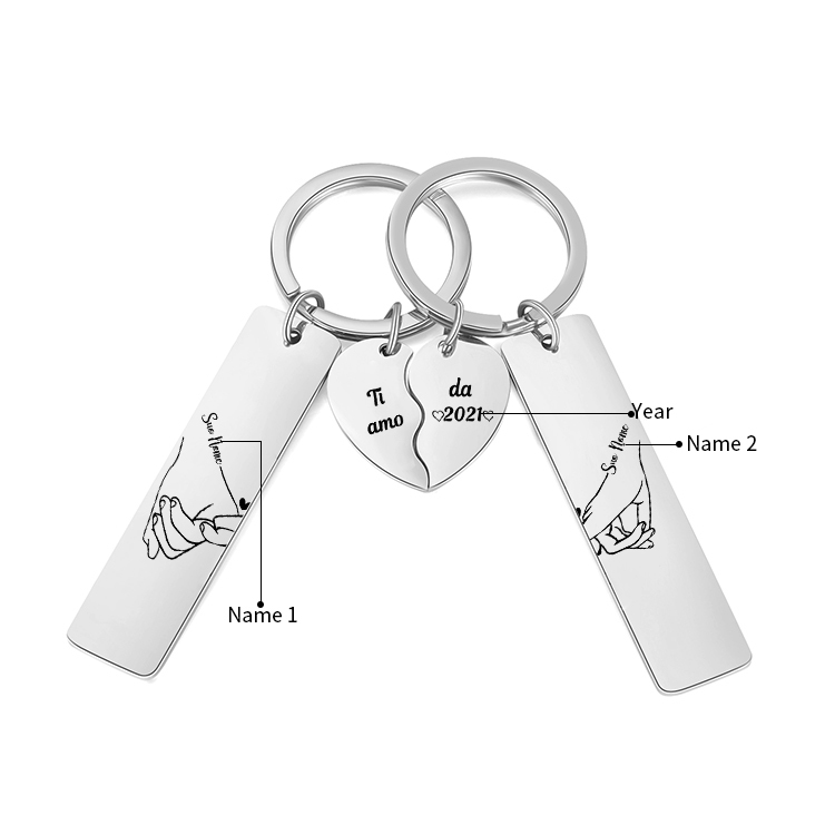 2PCS Portachiavi personalizzato con 2 nomi e 1 anno mano nella mano