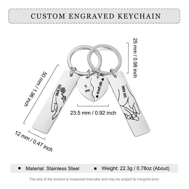 2PCS Portachiavi personalizzato con 2 nomi mano nella mano