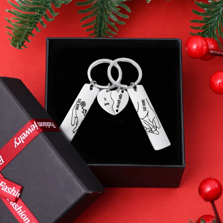 [Copy]2PCS Portachiavi personalizzato con 2 nomi e 1 numero mano nella mano