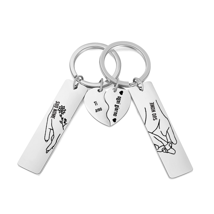 2PCS Portachiavi personalizzato con 2 nomi mano nella mano