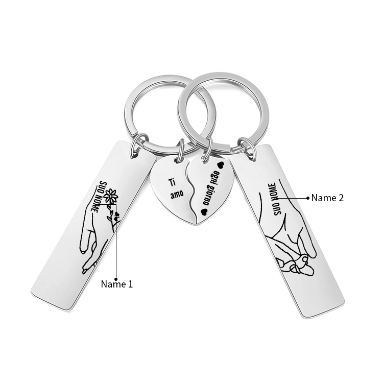 2PCS Portachiavi personalizzato con 2 nomi mano nella mano