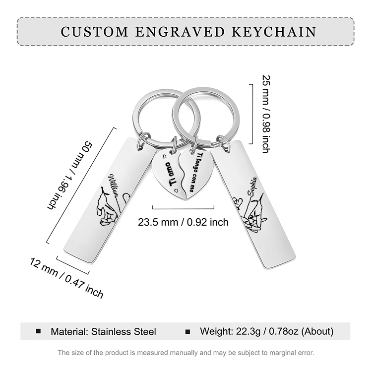 2PCS Portachiavi personalizzato con 2 nomi e 2 testi mano nella mano