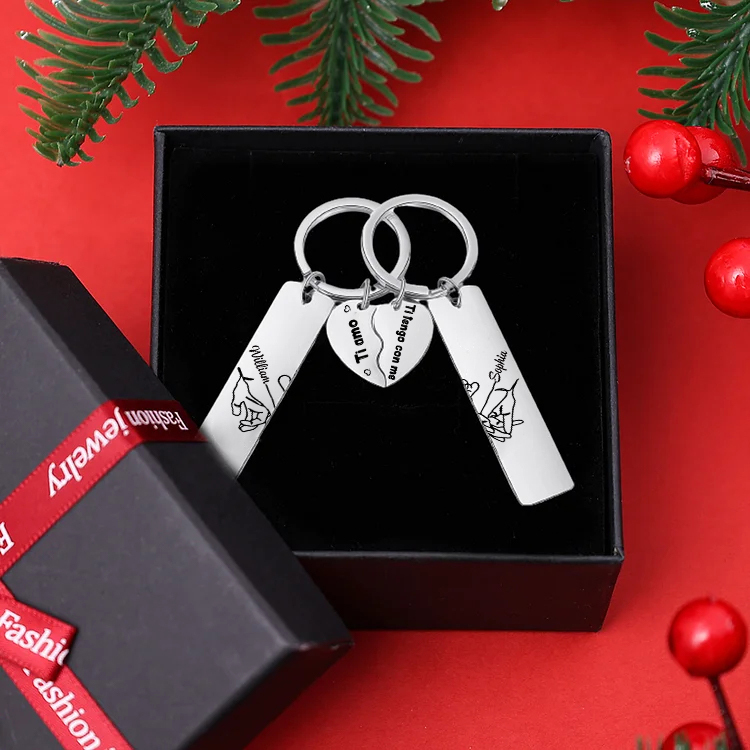 [Copy]2PCS Portachiavi personalizzato con 2 nomi e 1 numero mano nella mano