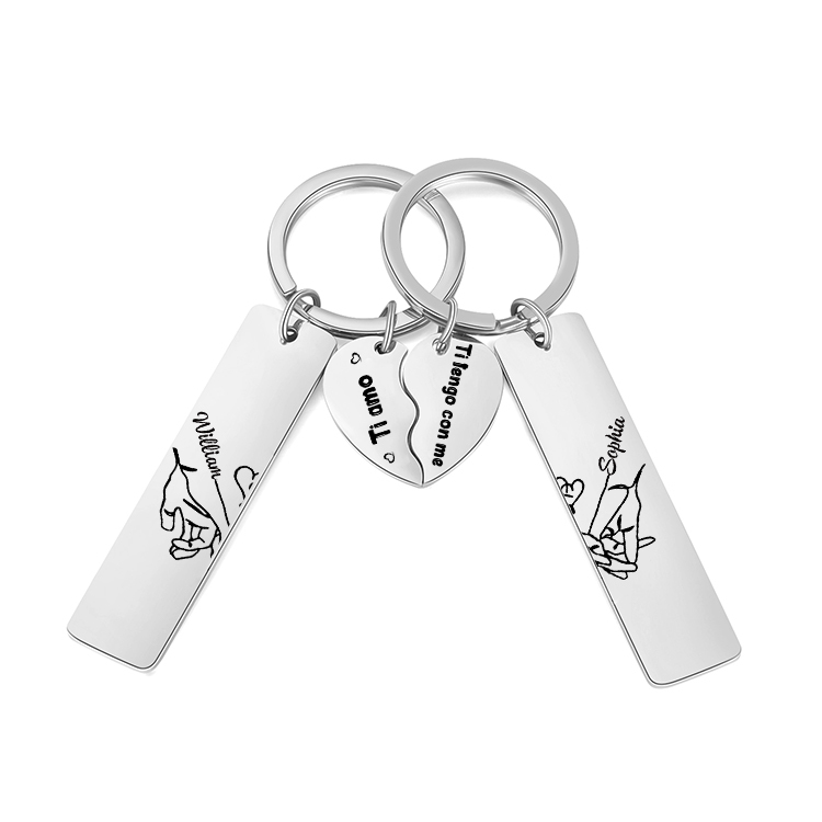 2PCS Portachiavi personalizzato con 2 nomi e 2 testi mano nella mano