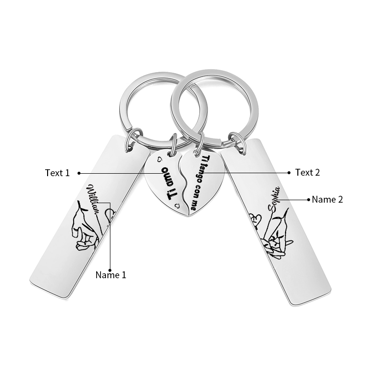2PCS Portachiavi personalizzato con 2 nomi e 2 testi mano nella mano