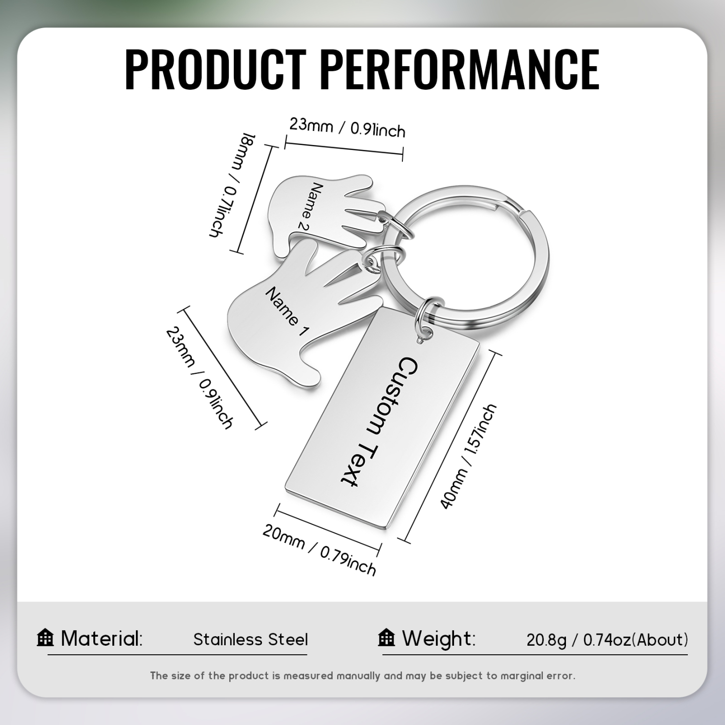 Portachiavi mano e mano con 2 nomi e 1 testo personalizzati per marito nonno papà padre