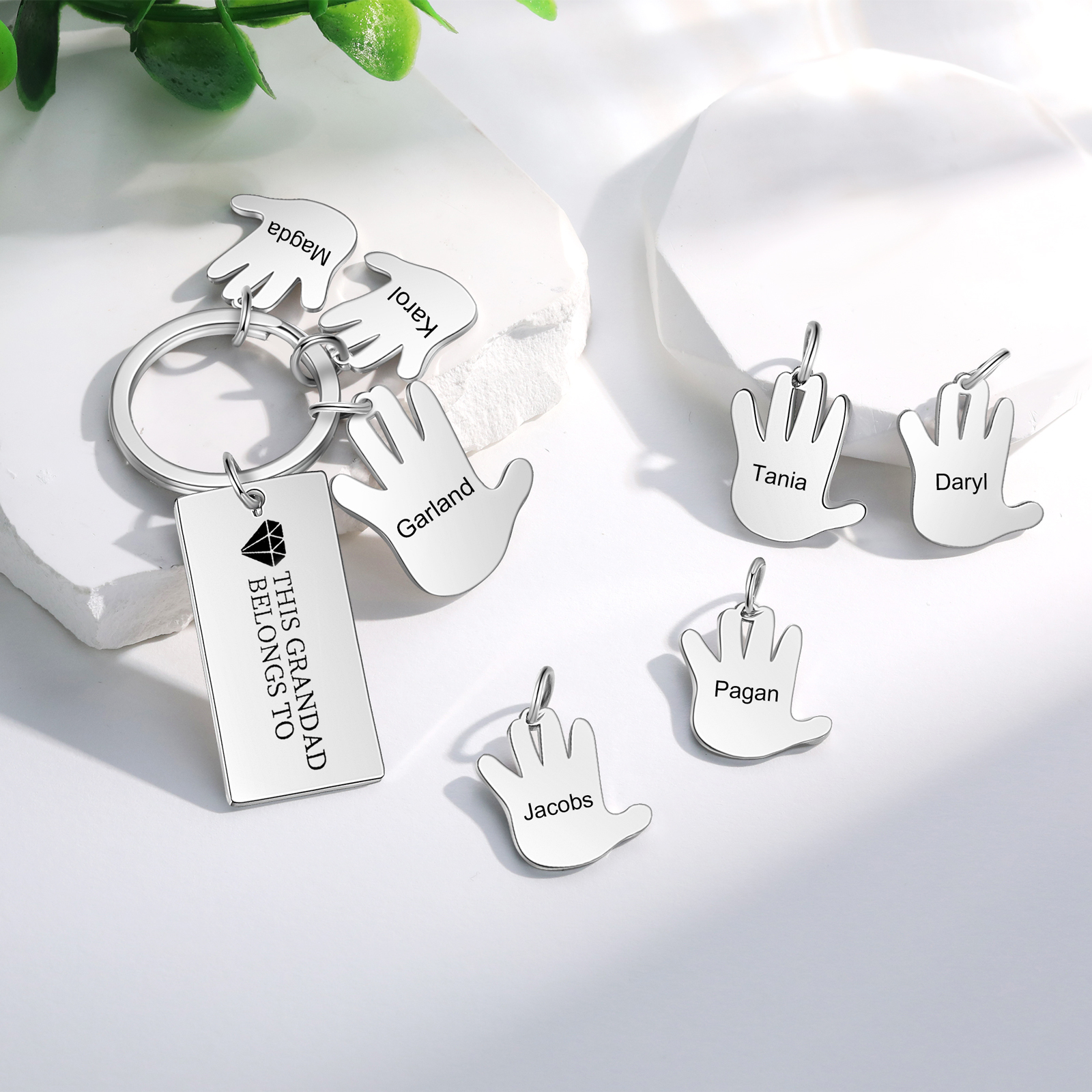 Portachiavi mano e mano con 2 nomi e 1 testo personalizzati per marito nonno papà padre