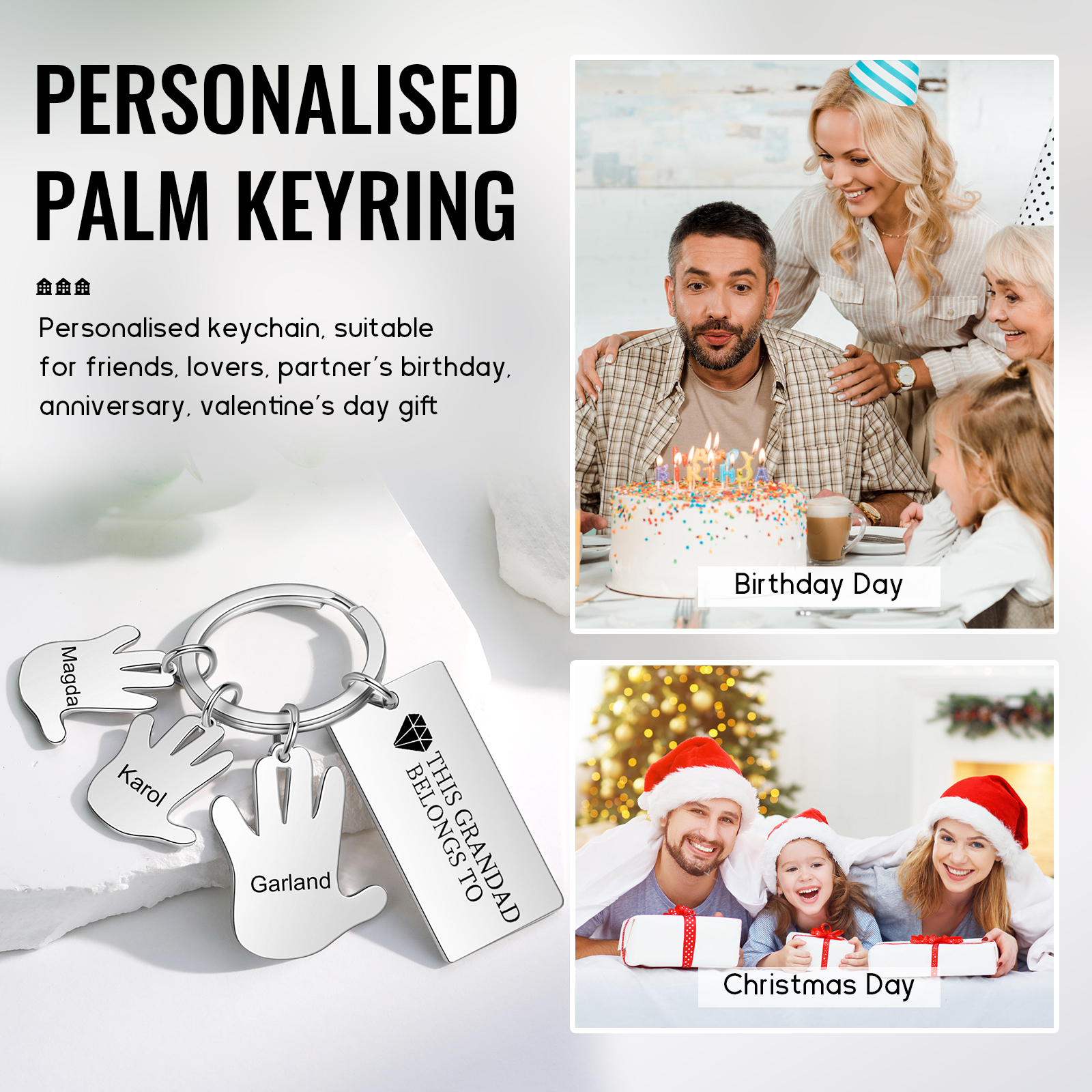 Portachiavi mano e mano con 3 nomi e 1 testo personalizzati per marito nonno papà padre