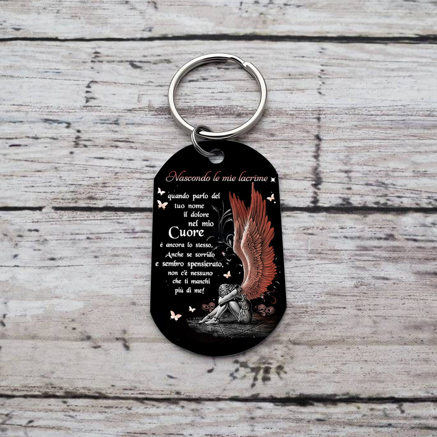 Portachiavi commemorativo personalizzato con ali d'angelo, regalo per ricordare i propri cari: "Nascondo le mie lacrime quando parlo del tuo nome".