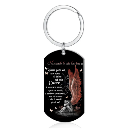 Portachiavi commemorativo personalizzato con ali d'angelo, regalo per ricordare i propri cari: "Nascondo le mie lacrime quando parlo del tuo nome".