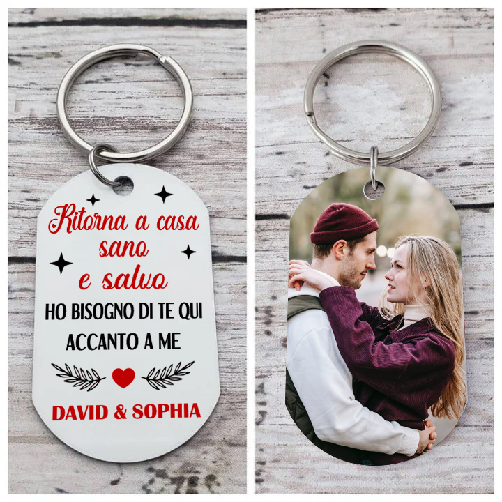 Portachiavi Personalizzato in Acciaio Inossidabile con 1 Foto e 2 Nomi - "Ritorna a casa sano e salvo" - Regalo di Natale per Lui/Lei | Jessemade