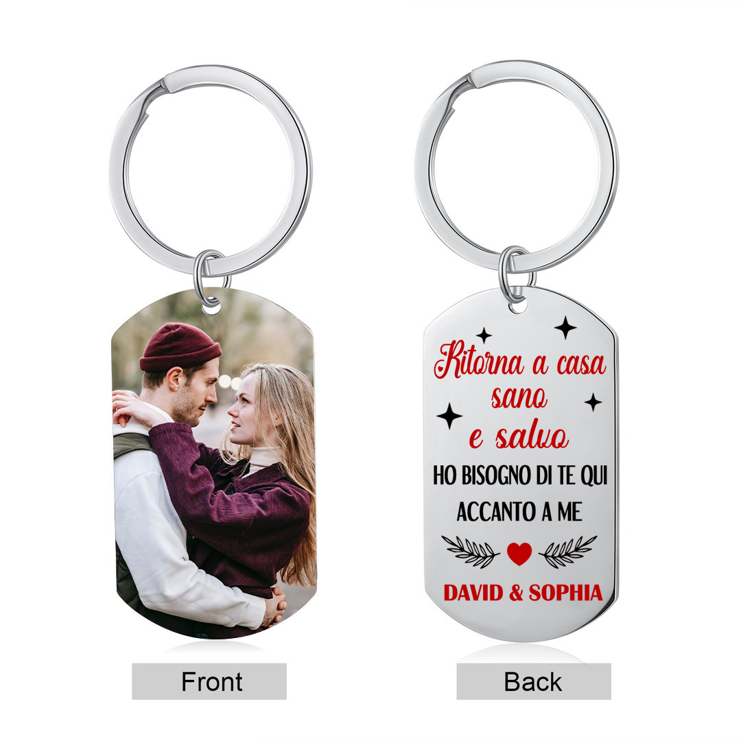 Portachiavi Personalizzato in Acciaio Inossidabile con 1 Foto e 2 Nomi - "Ritorna a casa sano e salvo" - Regalo di Natale per Lui/Lei | Jessemade