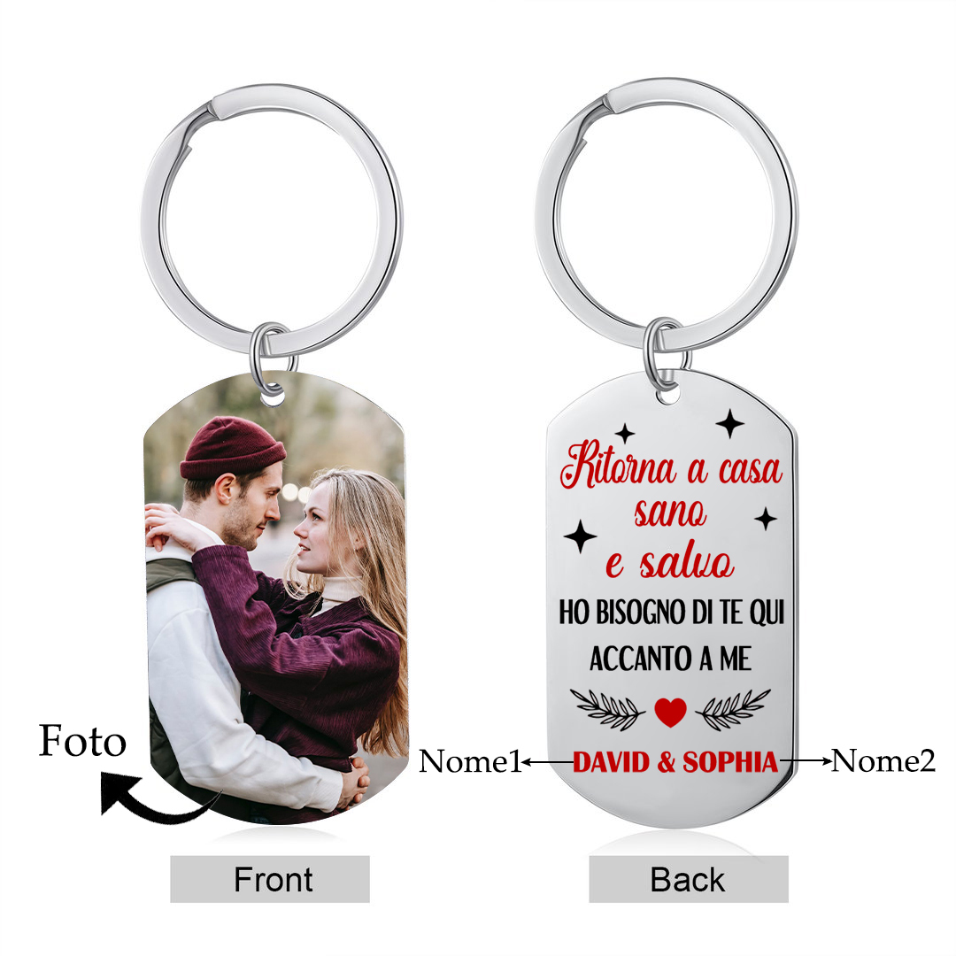 Portachiavi Personalizzato in Acciaio Inossidabile con 1 Foto e 2 Nomi - "Ritorna a casa sano e salvo" - Regalo di Natale per Lui/Lei | Jessemade