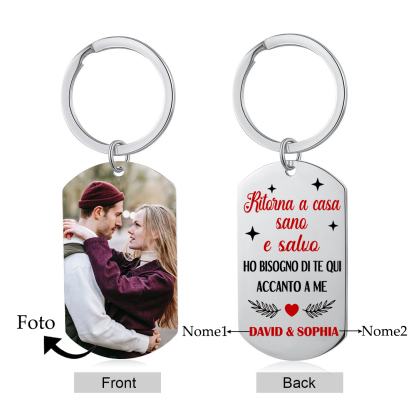 Portachiavi Personalizzato in Acciaio Inossidabile con 1 Foto e 2 Nomi - "Ritorna a casa sano e salvo" - Regalo di Natale per Lui/Lei | Jessemade