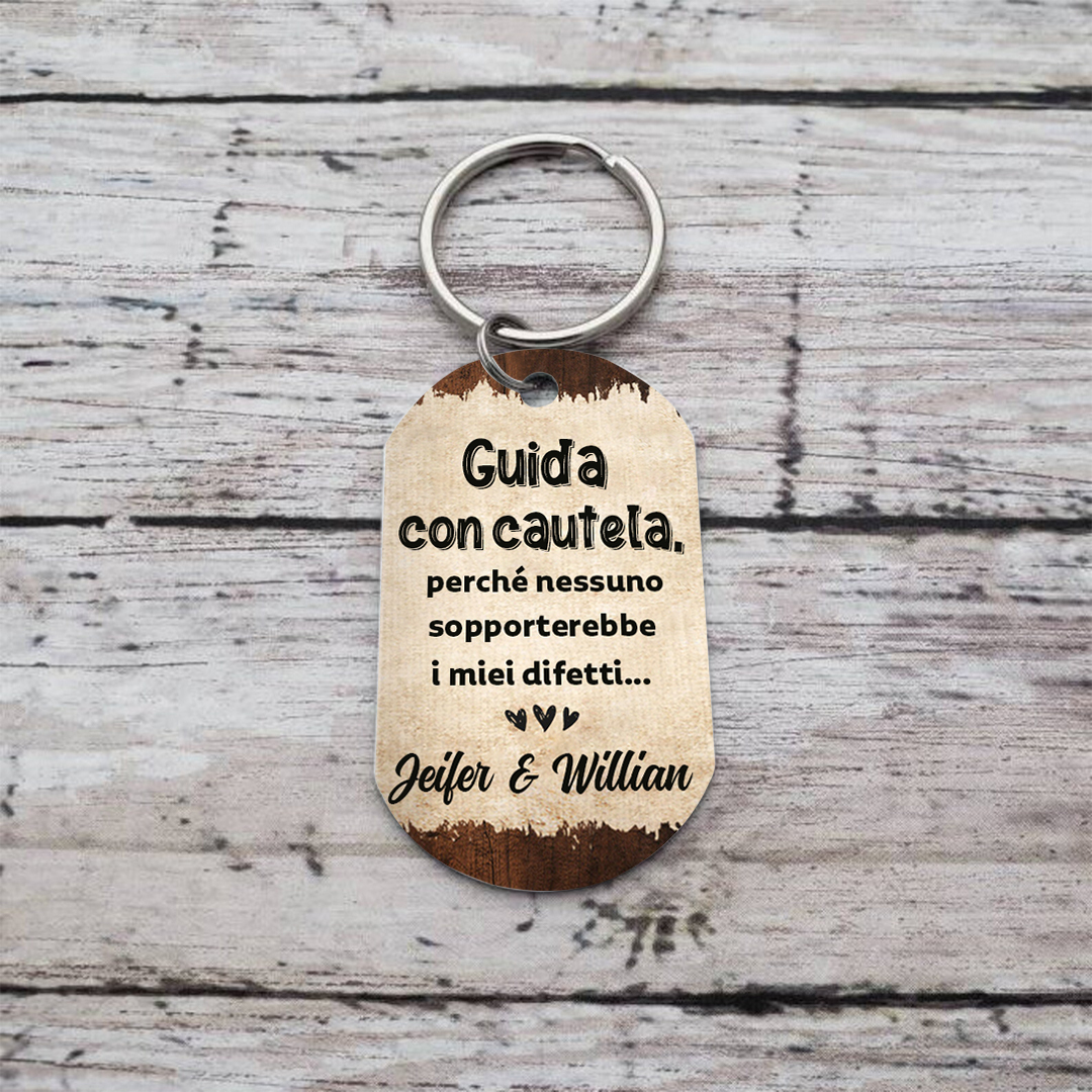 Portachiavi Personalizzato in Acciaio Inossidabile con 1 Foto e 2 Nomi - "Guida con cautela" - Regalo di Natale per Lui/Lei | Jessemade