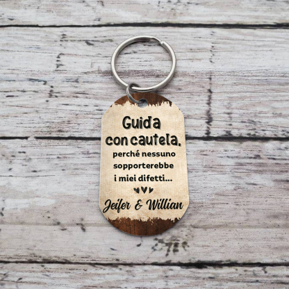 Portachiavi Personalizzato in Acciaio Inossidabile con 1 Foto e 2 Nomi - "Guida con cautela" - Regalo di Natale per Lui/Lei | Jessemade