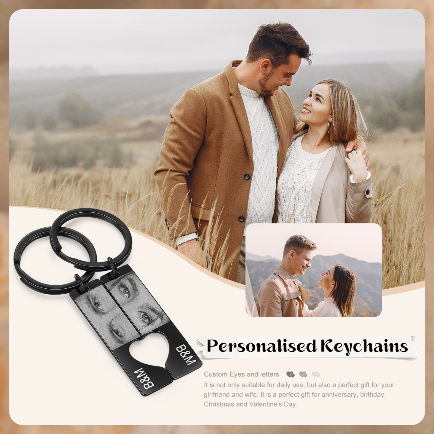 Portachiavi Personalizzato a Forma di Cuore in Acciaio Inossidabile - 2 Lettere e 2 Foto Incise - Regalo di San Valentino per Lei/Lui | Jessemade