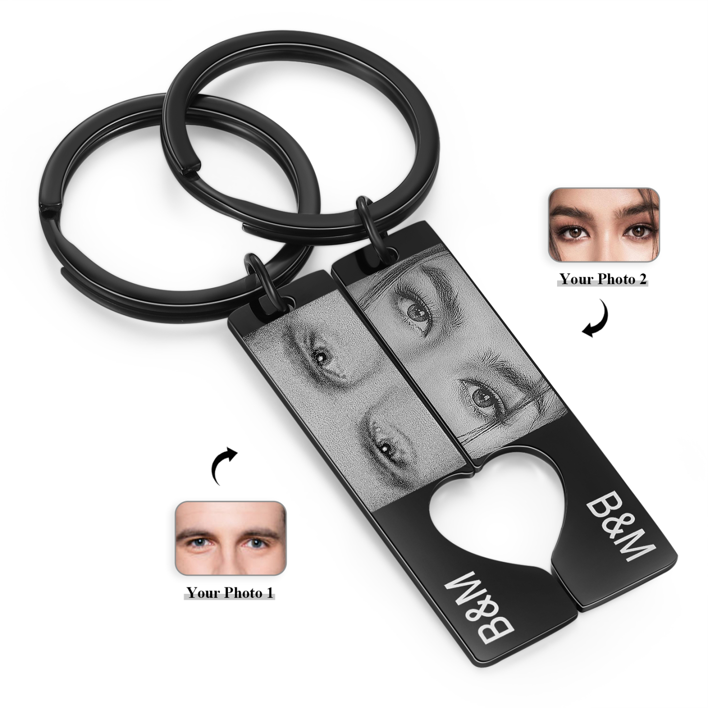 Portachiavi Personalizzato a Forma di Cuore in Acciaio Inossidabile - 2 Lettere e 2 Foto Incise - Regalo di San Valentino per Lei/Lui | Jessemade