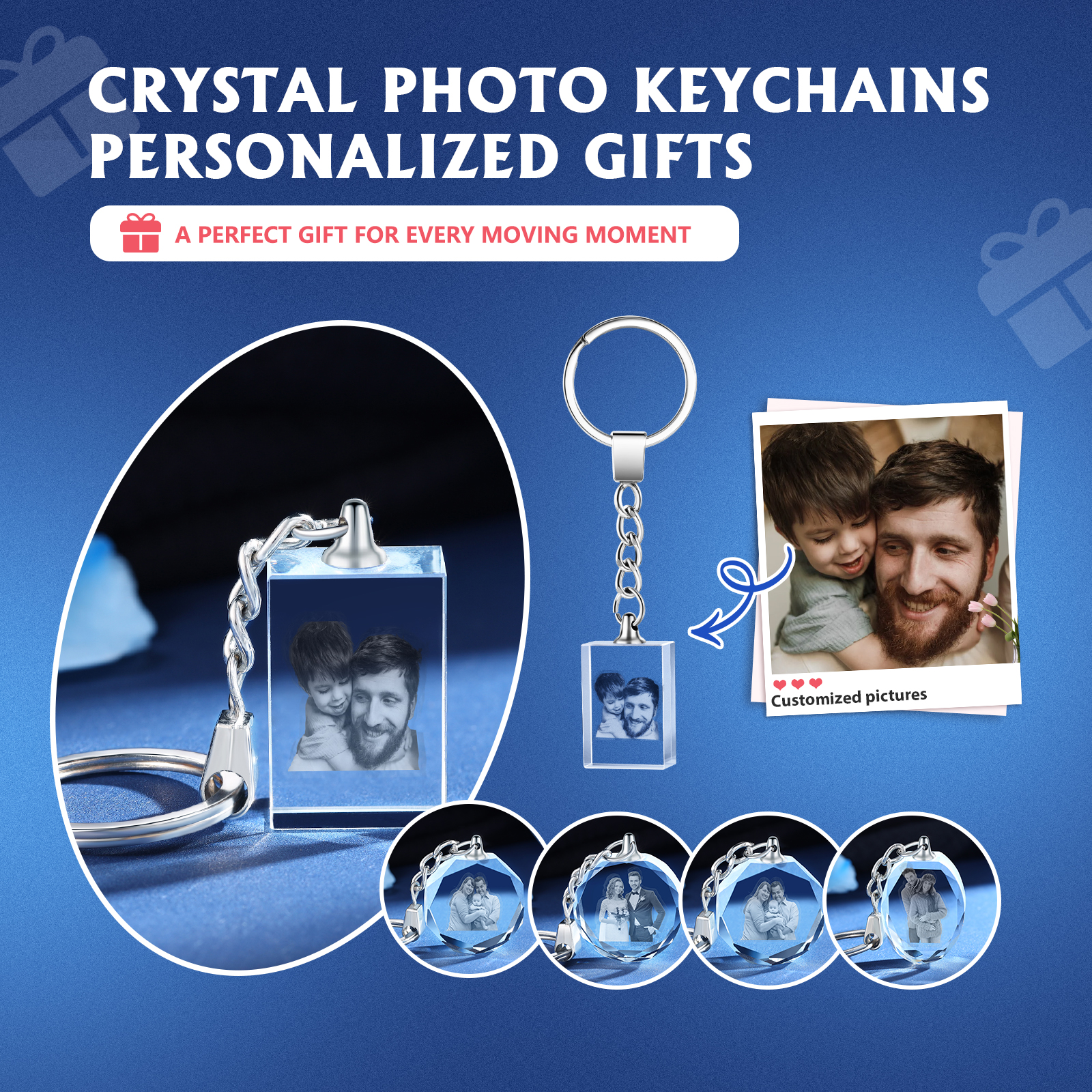 Portachiavi in Cristallo Personalizzato – con 1 Foto – 5 Stili Disponibili – Regalo Elegante per Papà | Jessemade