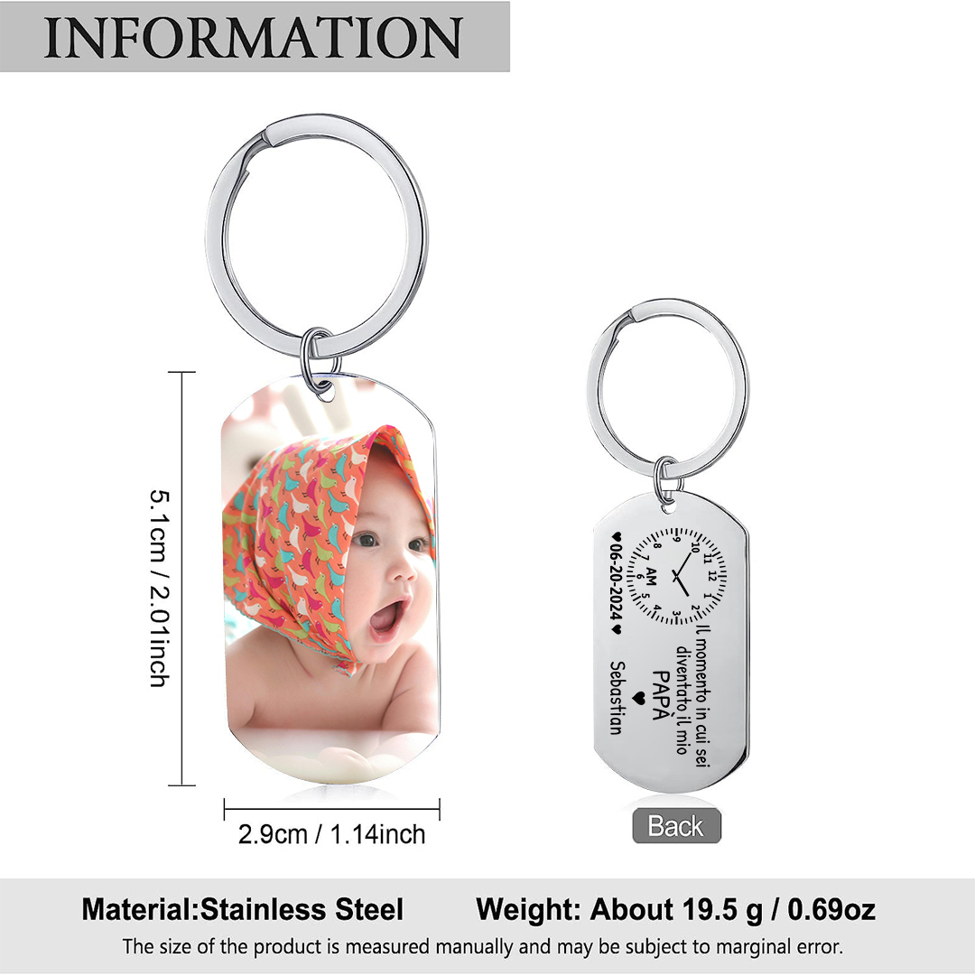 Portachiavi Personalizzato con Foto, Nome, Data e Orologio – "Il Momento in Cui Sei Diventato/a il Mio Papà/Mamma" - Regalo Elegante per Papà/Mamma | Jessemade