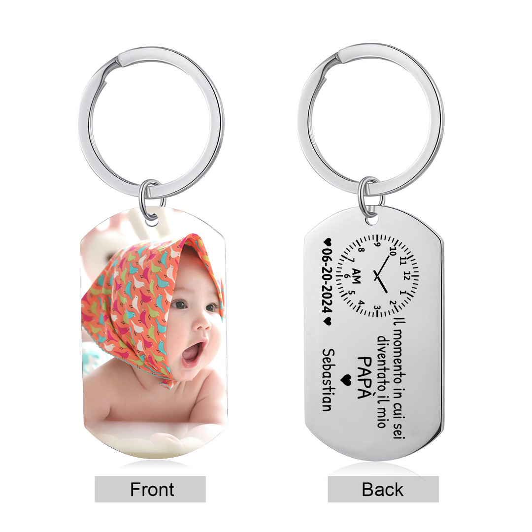 Portachiavi Personalizzato con Foto, Nome, Data e Orologio – "Il Momento in Cui Sei Diventato/a il Mio Papà/Mamma" - Regalo Elegante per Papà/Mamma | Jessemade