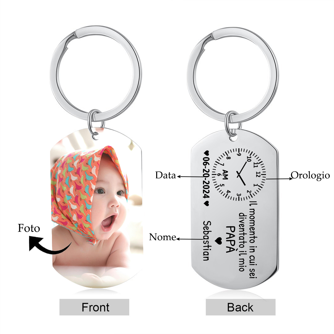 Portachiavi Personalizzato con Foto, Nome, Data e Orologio – "Il Momento in Cui Sei Diventato/a il Mio Papà/Mamma" - Regalo Elegante per Papà/Mamma | Jessemade