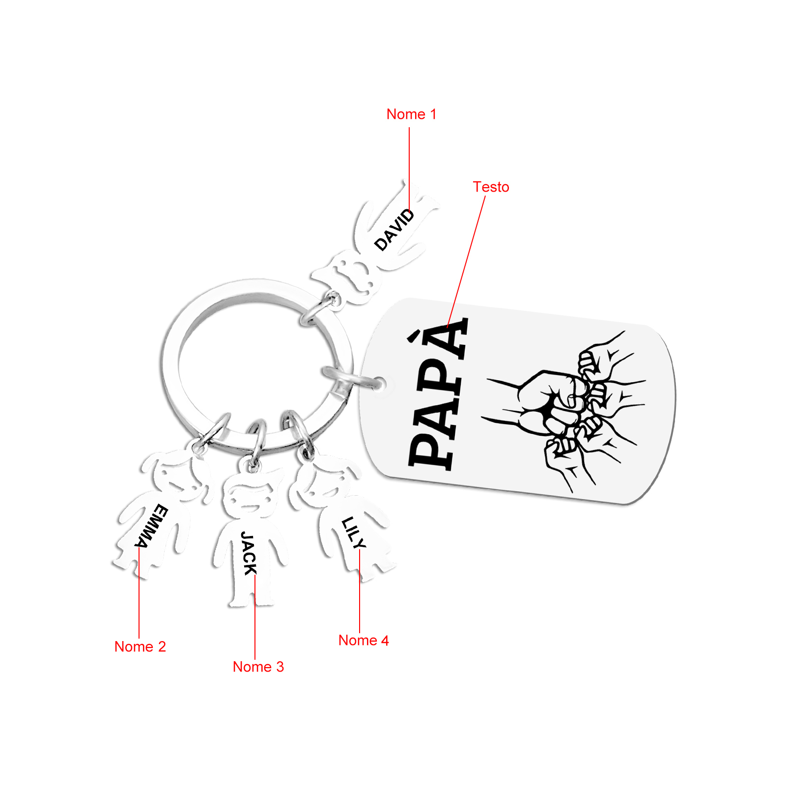 Portachiavi Uomo in Acciaio Inossidabile Personalizzato – Incisione 1 Testo & 4 Nomi – Regalo Speciale per Papà | Jessemade